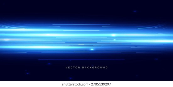Haz azul Horizontal con efecto de iluminación brillante sobre fondo oscuro. Tecnología concepto de alta velocidad. Ilustración vectorial