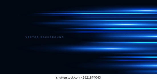 Blue beam horizontal moving fast lines on dark background.  High speed motion moving concept. Vector illustration