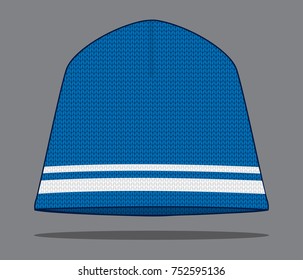 Blue Beanie Hat With Double White Lines Design On Gray Background, Vector File.