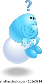 Blue beanie man sitting on a sphere having a think in the pose of Rodin’s Thinker or poet