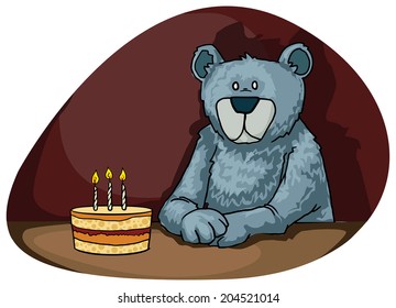 Blue Bear with a birthday cake, with moody background, vector illustration