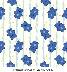 Blue bear cartoon so cute. On star background. Pattern seamless vector illustration. 
