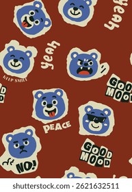 Blue Bear Faces and Text Seamless Pattern - Sticker Style