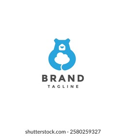 Blue Bear Hugging White Clouds Logo Design. White Clouds In Cute Blue Bear Hug Logo Design.