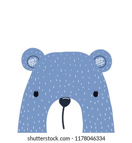 Blue bear kids graphic. Vector hand drawn illustration.