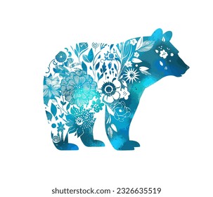 blue bear made of flowers. Vector illustration. T-shirt printing