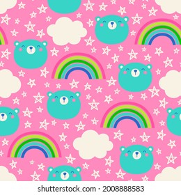 Oso azul, arcoiris, nube patrón sin fisuras con fondo estrella.