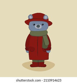 Oso azul con abrigo y sombrero rojo. Carácter para libros infantiles, juegos, papelería, tela, postales, invitaciones... Ilustración vectorial.