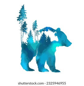 blue Bear and trees abstract. Vector illustration