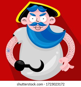 Blue beard angry captain pirate with hat and tattoo. Flat vector character. 