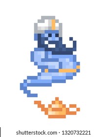 Blue bearded genie in turban flying out of golden magic lamp, 8 bit pixel art character isolated on white background. Arabian/persian/islamic fantastic magic creature/spirit/demon. Make a wish emblem.