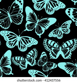 Blue beautiful butterfly. Vector seamless pattern