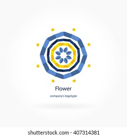 Blue beautiful circular logo for boutique, flower shop, business. Company mark, emblem, element. Simple geometric mandala logotype. Kaleidoscope big bud. Surround abstract blossom.