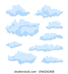 Blue beautiful fluffy curly clouds on a white background. Vector illustration. A set of cute clouds.