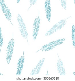 Blue beautiful random feathers, white background, hand drawn vector seamless pattern