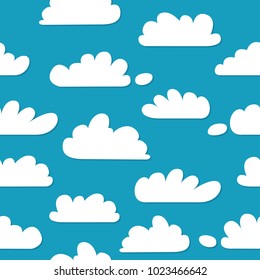 Blue beautiful sky with various clouds. Vector flat illustration. Simple seamless pattern, pattern. children's drawing, wrapping paper.