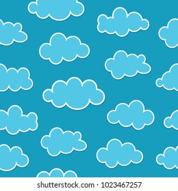 Blue beautiful sky with various clouds. Vector flat illustration. Simple seamless pattern, pattern. children's drawing, wrapping paper.