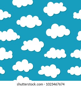 Blue beautiful sky with various clouds. Vector flat illustration. Simple seamless pattern, pattern. children's drawing, wrapping paper.