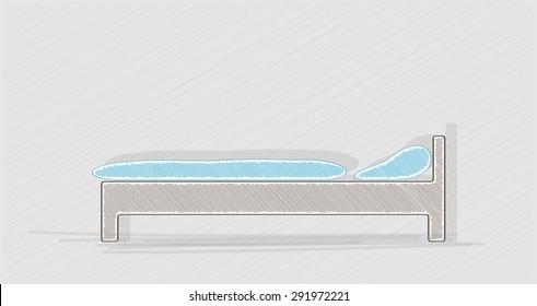 blue bed on gray background, crosshatched image