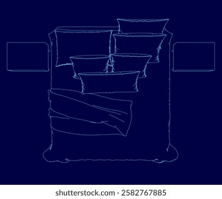 A blue bed with pillows on it. The pillows are arranged in a way that makes the bed look inviting and comfortable