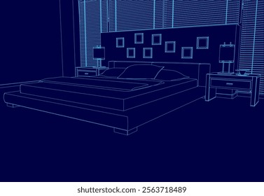 Blue bedroom with a bed, nightstand, and lamp. The bed is large and the room is very spacious