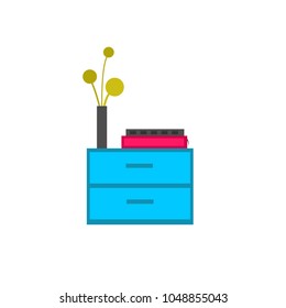 A blue bedside table with books and flowers. Vector illustration. Furniture