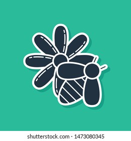 Blue Bee and flower icon isolated on green background. Sweet natural food. Honeybee or apis with wings symbol. Flying insect.  Vector Illustration