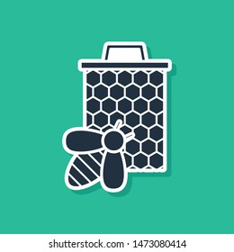 Blue Bee and honeycomb icon isolated on green background. Honey cells. Sweet natural food. Honeybee or apis with wings symbol. Flying insect.  Vector Illustration