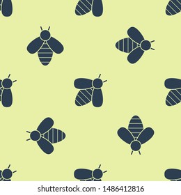 Blue Bee icon isolated seamless pattern on yellow background. Sweet natural food. Honeybee or apis with wings symbol. Flying insect.  Vector Illustration