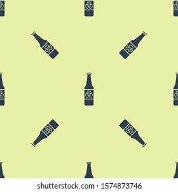 Blue Beer bottle with four leaf clover icon isolated seamless pattern on yellow background. Happy Saint Patricks day.  Vector Illustration