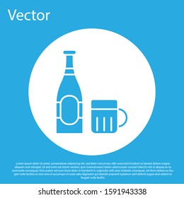 Blue Beer bottle and glass icon isolated on blue background. Alcohol Drink symbol. White circle button. Vector Illustration