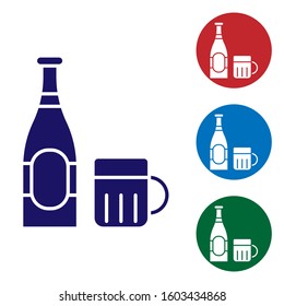 Blue Beer bottle and glass icon isolated on white background. Alcohol Drink symbol. Set color icons in circle buttons. Vector Illustration