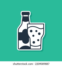 Blue Beer bottle and glass icon isolated on green background. Alcohol Drink symbol.  Vector
