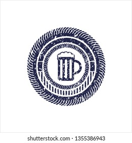 Blue beer jar icon inside rubber stamp with grunge texture