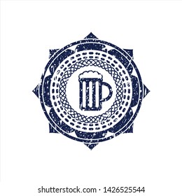 Blue beer jar icon inside distressed rubber grunge stamp