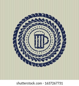 Blue beer jar icon inside rubber stamp with grunge texture