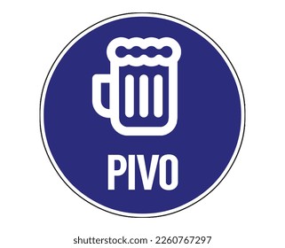 Signo de cerveza azul en idioma eslavo, cerveza escrita en eslavo (Pivo), icono de glifo de cerdo. Espacio negativo. Ilustración aislada del vector