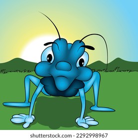Blue Beetle on All Four Limbs - Colored Cartoon Illustration with Background, Vector