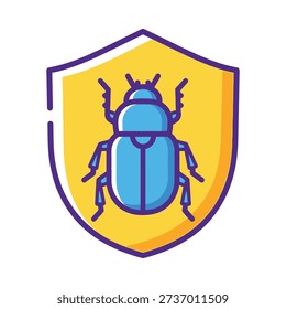 A blue beetle on a yellow shield with purple outline