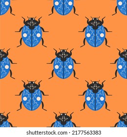 Blue beetle with various patterns, seamless pattern on an orange background. Fauna, flat design, cartoon.