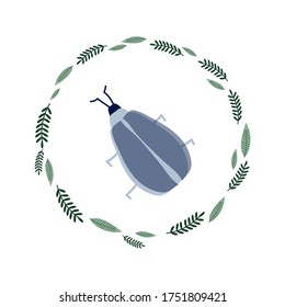 Blue beetle in a wreath of leaves and twigs. Vector illustration.