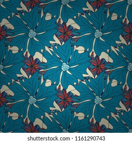 Blue, beige and black vector illustration. Floral illusion seamless pattern.