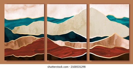 Blue, beige, brown earth tones and gold mountain, hills, sea wall art  triptych. Abstract  landscape collage with hand painted textures. Iceberg, waves, rocks. Luxury print for home decor, cover.