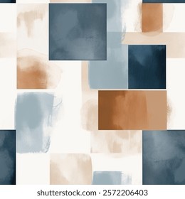 Blue Beige Brown French Grey White Abstract Square Geometric Watercolor Scandinavian Design Seamless Pattern Wallpaper Curtain Bedding Upholstery Fabric Pastel Gift Wrapping Paper Background Vector