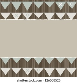 blue beige brown geometric pattern with rows of triangle celebration flags in winter colors with torn paper on scrapbook horizontal background
