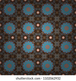 Blue, beige and brown printable package decorative elements. Oriental, mystic, alchemy pattern. Vector illustration. Vector flower Mandala seamless pattern. Coloring page template.