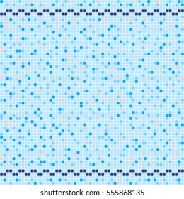 Blue and beige ceramic tile mosaic in swimming pool with symmetric border. Vector seamless pattern.