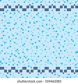 Blue and beige ceramic tile mosaic in swimming pool with symmetric border. Vector seamless pattern.