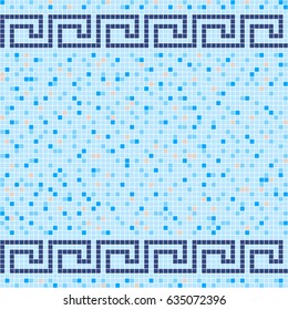Blue and beige ceramic tile mosaic in swimming pool. Antique Greek border. Vector seamless pattern. Design for pool, kitchen, bathroom.