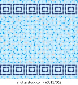 Blue and beige ceramic tile mosaic in swimming pool with symmetric border. Vector seamless pattern.